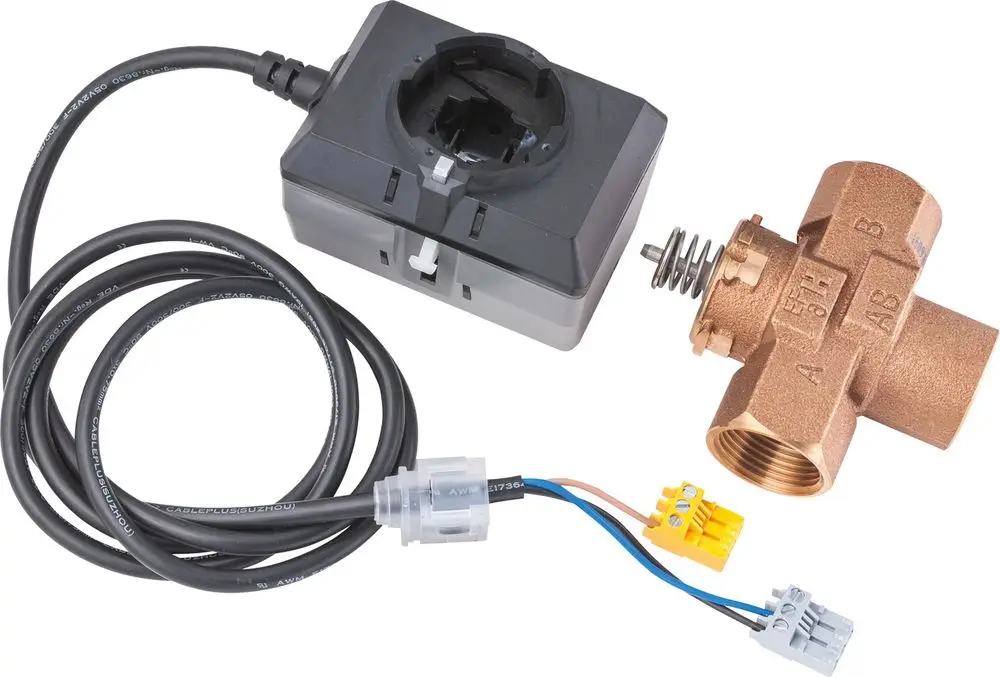 3-Wegeventil mit elektrischem Anschluss, Kupferkörper und Steuerungseinheit. Teil des Installationszubehörs von Bosch für Heiz- und Kühlsysteme.